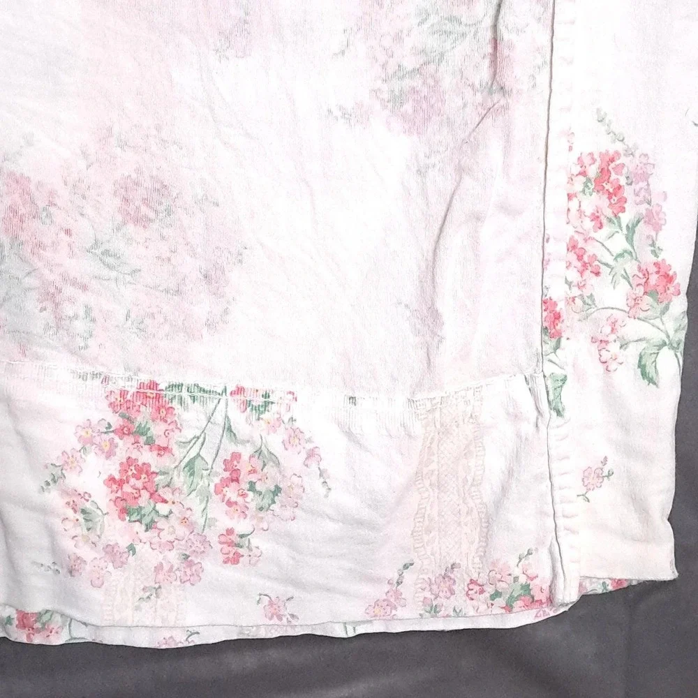 VTG Stevens Floral Flat Bed Sheet Twin White Pink Lace Stripe Cottagecore Fabric